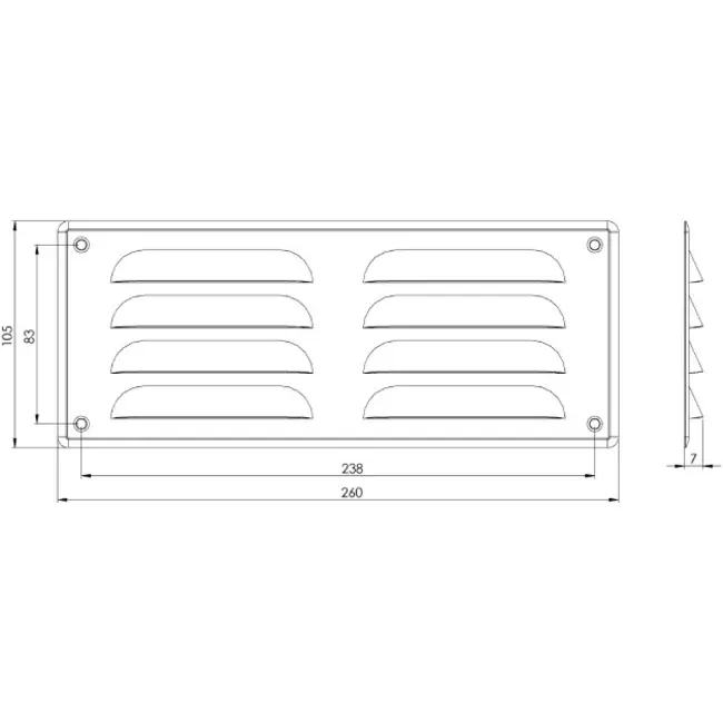 Metalen ventilatierooster vierkant 260x105 mm zink - MR26105Zn