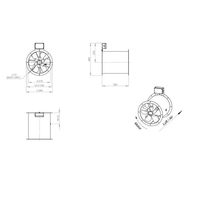Axiaal 315 mm kanaalventilator rookgas F300- AL 315 D4 F3 01 CFG