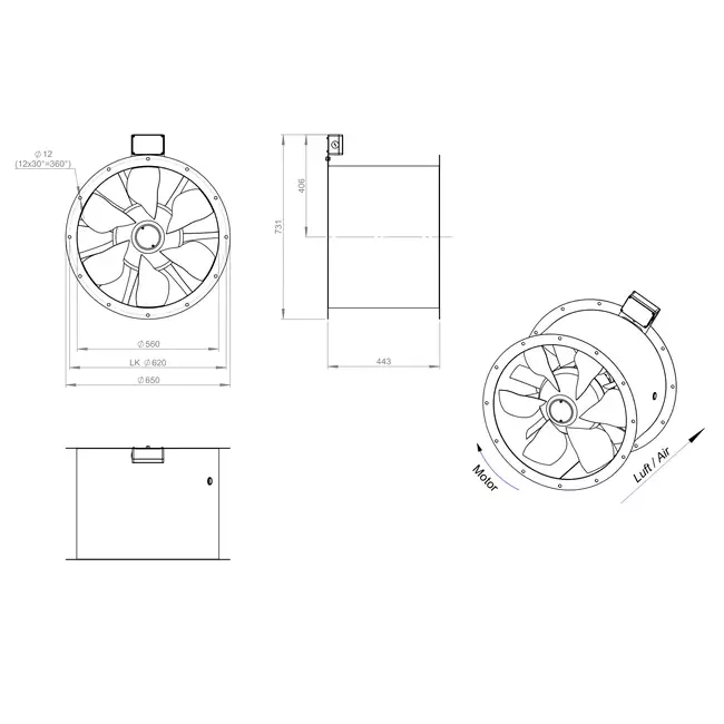 Axiaal 560 mm kanaalventilator rookgas F300- AL 560 D4 F3 01 CFG
