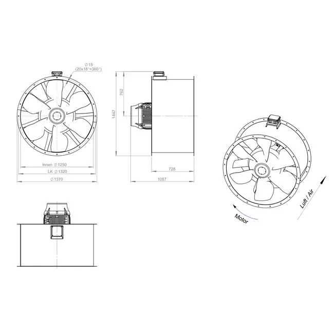 Axiaal 1250 mm kanaalventilator rookgas F300- AL 1250 D6 F3 04 CFG