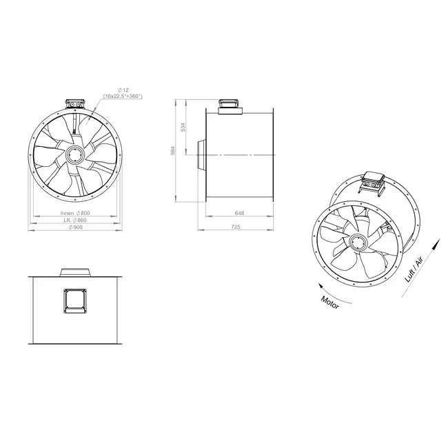 Axiaal 800 mm kanaalventilator rookgas F300- AL 800 D4 F3 03 CFG
