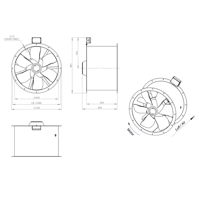 Axiaal 630 mm kanaalventilator rookgas F300- AL 630 D4 F3 01 CFG