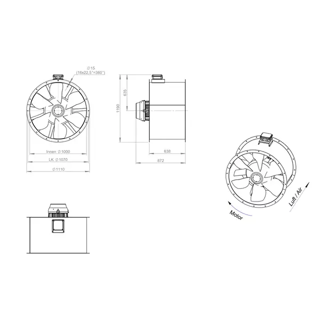 Axiaal 1000 mm kanaalventilator rookgas F300- AL 1000 D4 F3 04 CFG