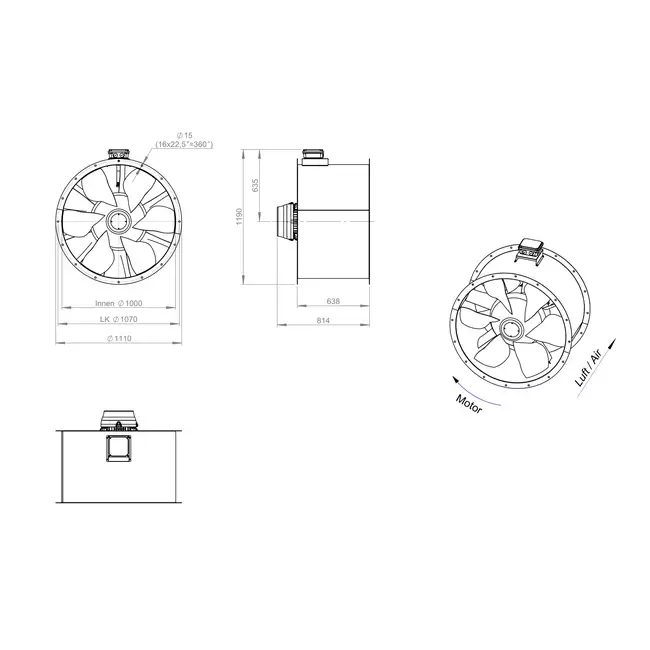 Axiaal 1000 mm kanaalventilator rookgas F300- AL 1000 D6 F3 01 CFG