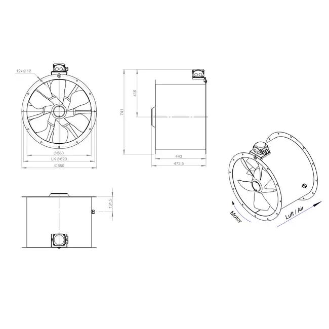 Axiaal 560 mm kanaalventilator - AL 560 D84U 01 CFG