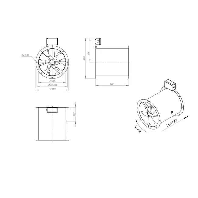 Axiaal 315 mm kanaalventilator rookgas F400 - AL 315 D42U F4 01 CFG