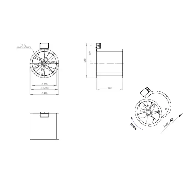 Axiaal 355 mm kanaalventilator rookgas F300- AL 355 D42U F3 01 CFG