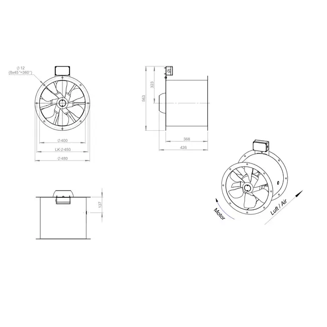 Axiaal 400 mm kanaalventilator rookgas F300- AL 400 D42U F3 01 CFG