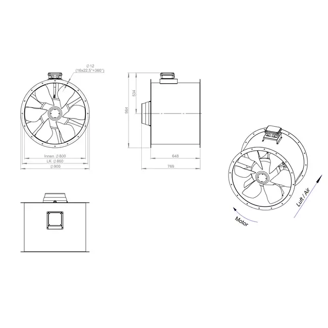 Axiaal 800 mm kanaalventilator rookgas F400 - AL 800 D4 F4 05 CFG
