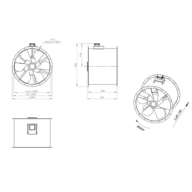 Axiaal 800 mm kanaalventilator rookgas F400 - AL 800 D6 F4 03 CFG