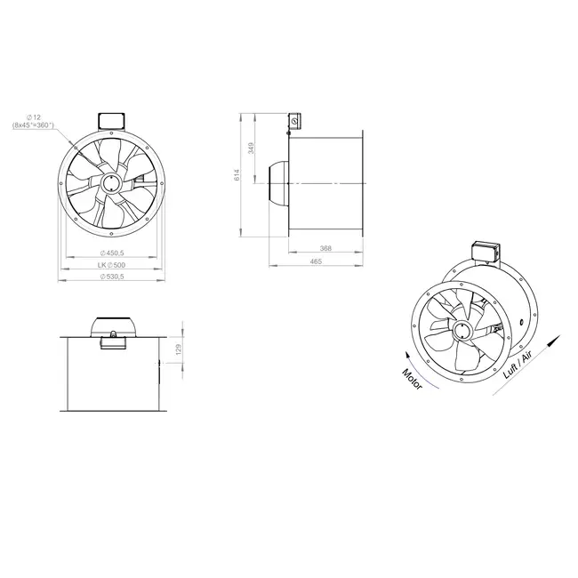 Axiaal 450 mm kanaalventilator rookgas F400 - AL 450 D42U F4 01 CFG