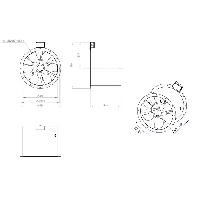 Axiaal 500 mm kanaalventilator rookgas F400 - AL 500 D4 F4 01 CFG