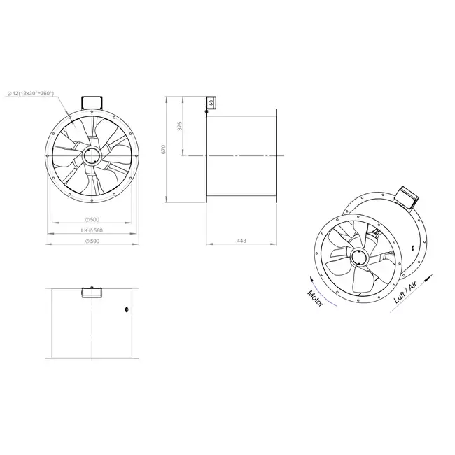 Axiaal 500 mm kanaalventilator rookgas F400 - AL 500 D4 F4 02 CFG