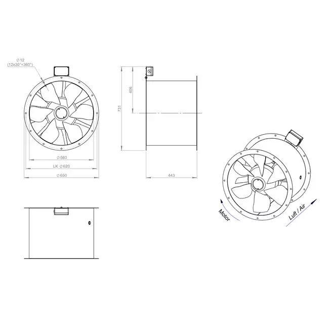 Axiaal 560 mm kanaalventilator rookgas F400 - AL 560 D4 F4 01 CFG