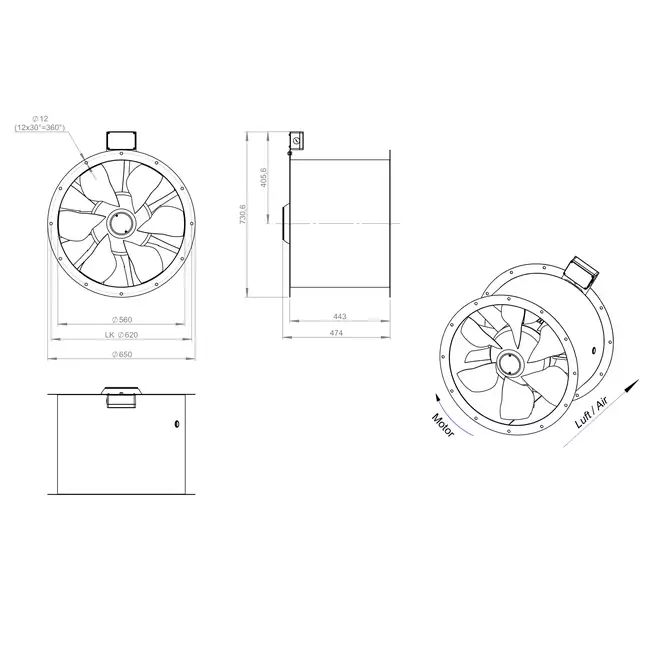 Axiaal 560 mm kanaalventilator rookgas F300- AL 560 D84U F3 01 CFG