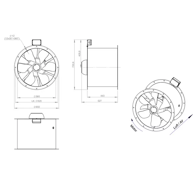 Axiaal 560 mm kanaalventilator rookgas F300- AL 560 D84U F3 02 CFG