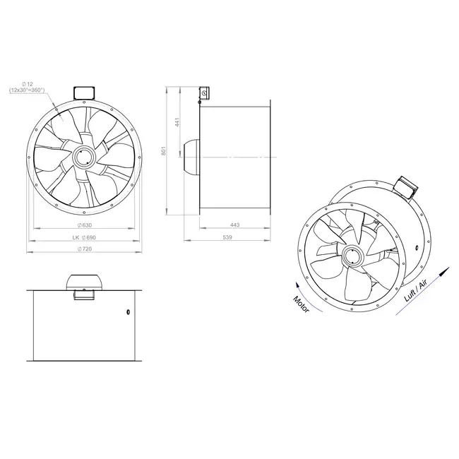 Axiaal 630 mm kanaalventilator rookgas F300- AL 630 D84U F3 01 CFG