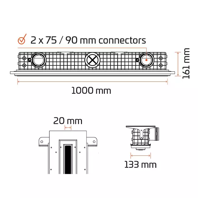 Ergovent instucbaar frameloos lijnrooster 1000 mm met aansluitdiameter 75 mm - standaard