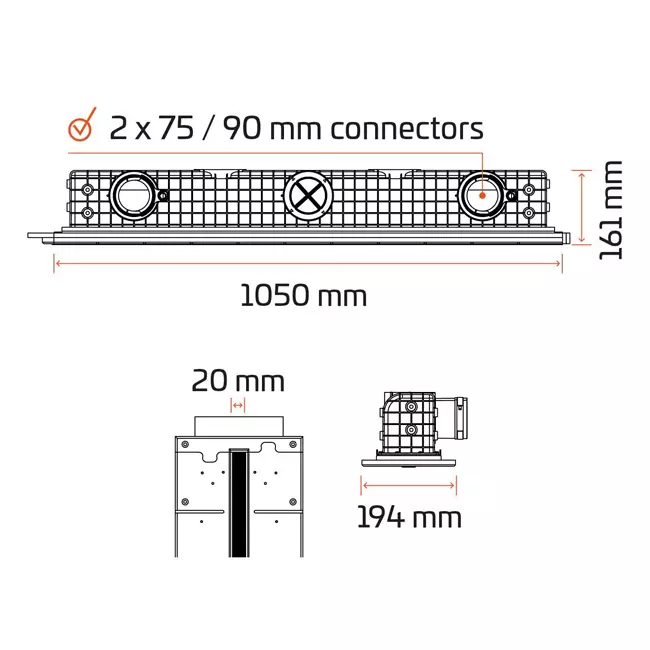 Ergovent instucbaar frameloos lijnrooster 1050 mm met aansluitdiameter 75 mm - modulair - 1 sleuf