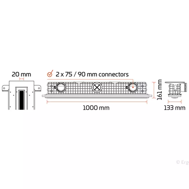 Ergovent instucbaar frameloos lijnrooster 1000 mm met aansluitdiameter 90 mm - standaard