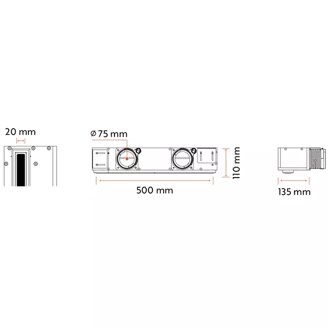 Ergovent instucbaar frameloos lijnrooster 500 mm met aansluitdiameter 75 mm - standaard