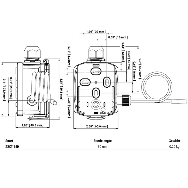 Belimo kabeltemperatuursensor 4-20 mA - sonde 50x6 mm - 2 meter - 22CT-14H