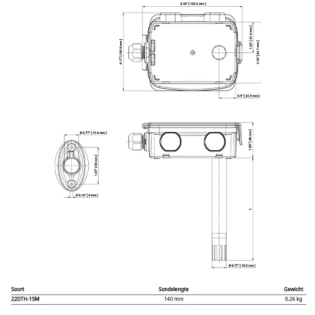 Belimo kanaalsensor voor vochtigheid en temperatuur - Modbus RTU - sonde 140 mm - 22DTH-15M