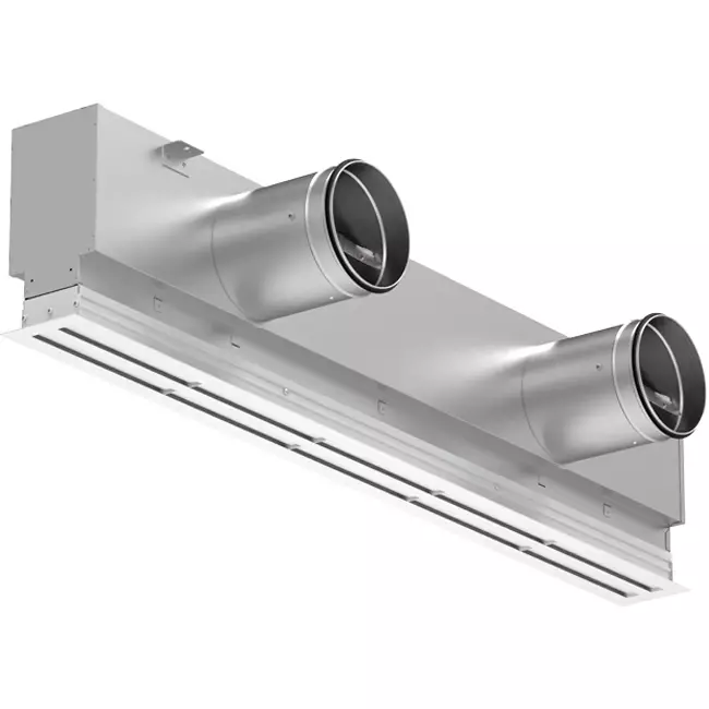 Lijnrooster aluminium met 4 instelbare patroonbladen – 1250 mm – RAL 9016 + geïsoleerd plenum met luchtdebietregelklep