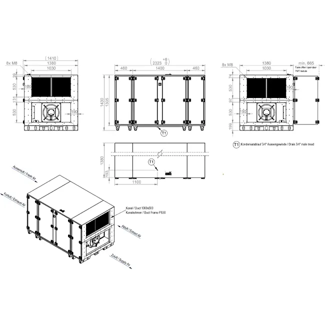 Maxivent WTW luchtbehandelingkasten met tegenstroomwisselaar 5000 m3/h horizontaal horizontaal links - PHE 5000 H OOJL T 01