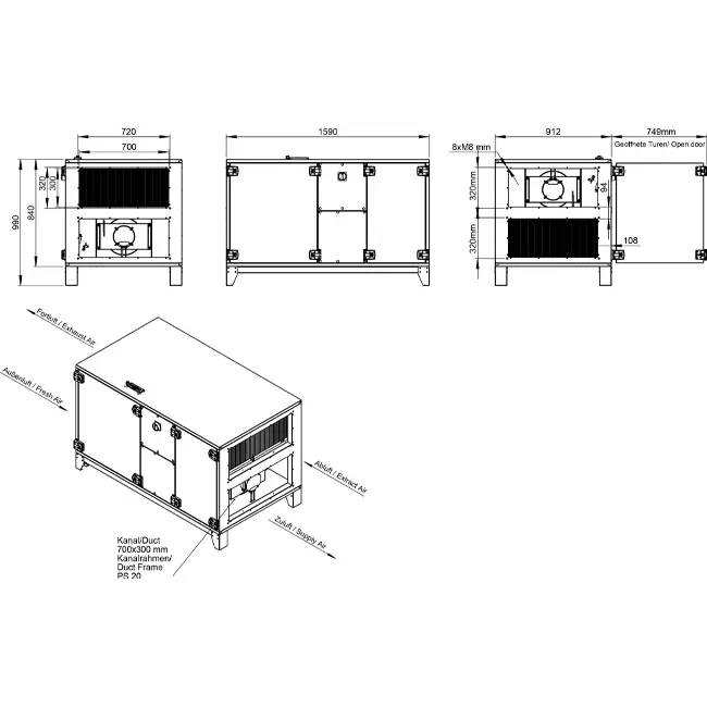 Maxivent WTW luchtbehandelingkasten met warmtewiel 2000 m3/h horizontaal horizontaal rechts - RHE 2000 H OOJR