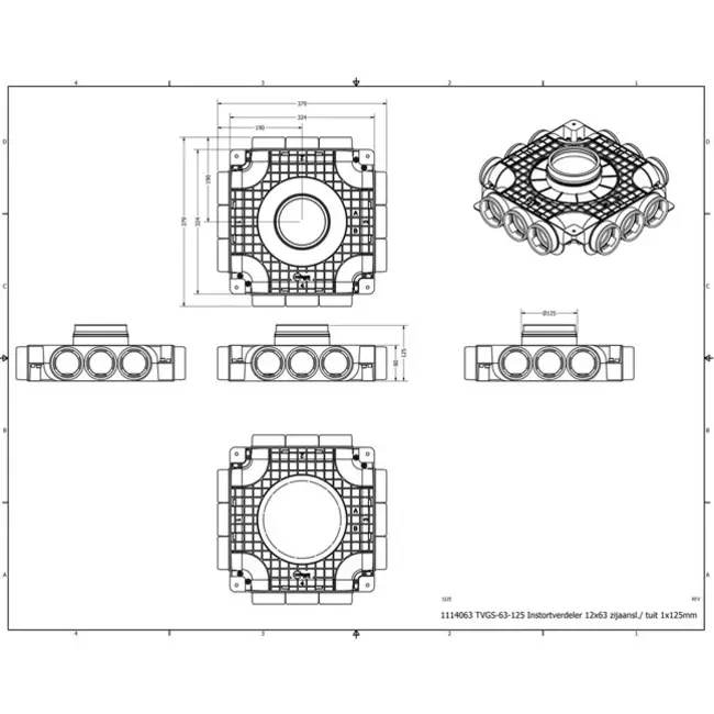 Vent-Axia Uniflexplus samengestelde verdeler 12 x Ø69mm zijaansluiting met tuit Ø160mm