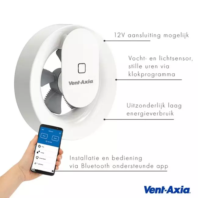 Badkamerventilator Vent-Axia Lo-Carbon Svara met vocht- en lichtsensor 100 mm (app-gestuurd) wit