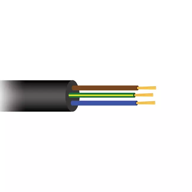 Soepele zwarte rubberkabel 3 x 1,5 voor buiten, rol 50 meter