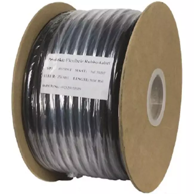 Soepele zwarte rubberkabel 5 x 1,5 voor buiten, rol 50 meter