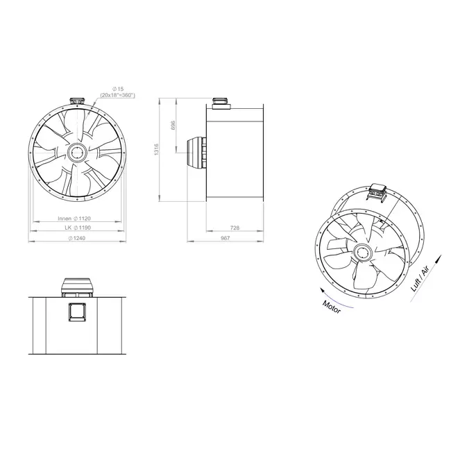 Axiaal 1120 mm kanaalventilator rookgas F300- AL 1120 D6 F3 03 CFG