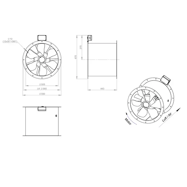 Axiaal 500 mm kanaalventilator rookgas F300- AL 500 D4 F3 01 CFG