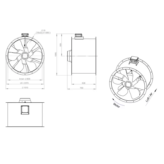 Axiaal 900 mm kanaalventilator rookgas F300- AL 900 D4 F3 03 CFG