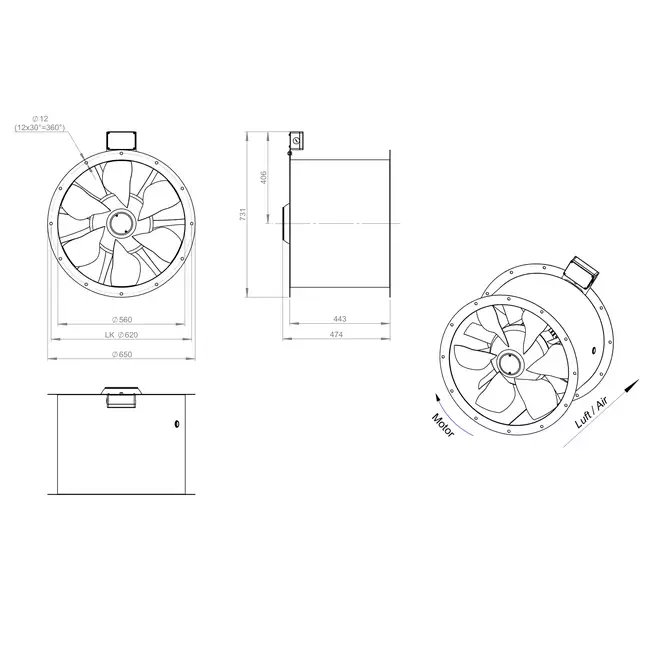 Axiaal 560 mm kanaalventilator rookgas F300- AL 560 D4 F3 02 CFG