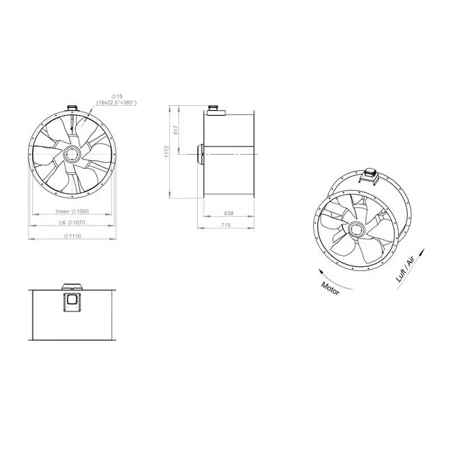 Axiaal 1000 mm kanaalventilator rookgas F300- AL 1000 D6 F3 02 CFG