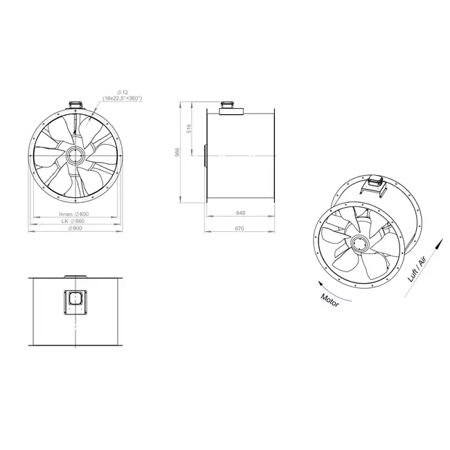 Axiaal 800 mm kanaalventilator rookgas F300- AL 800 D6 F3 02 CFG