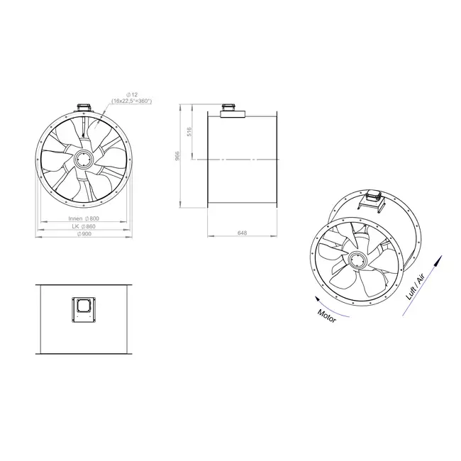 Axiaal 800 mm kanaalventilator rookgas F300- AL 800 D4 F3 02 CFG