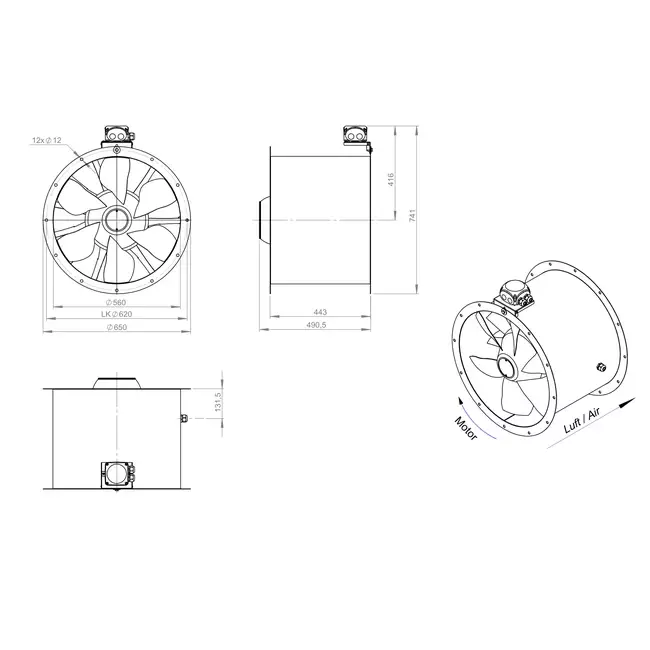 Axiaal 560 mm kanaalventilator - AL 560 D84U 02 CFG