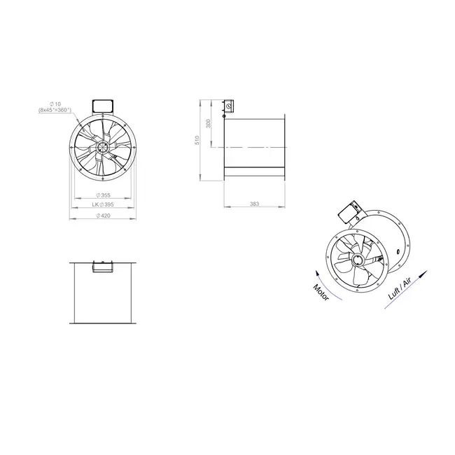 Axiaal 355 mm kanaalventilator rookgas F400 - AL 355 D2 F4 01 CFG