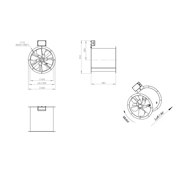 Axiaal 355 mm kanaalventilator rookgas F300- AL 355 D2 F3 02 CFG