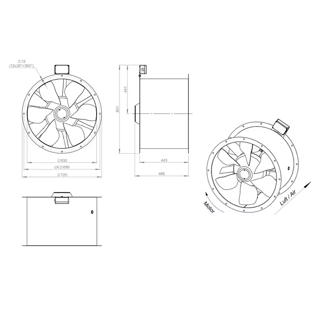Axiaal 630 mm kanaalventilator rookgas F400 - AL 630 D6 F4 01 CFG