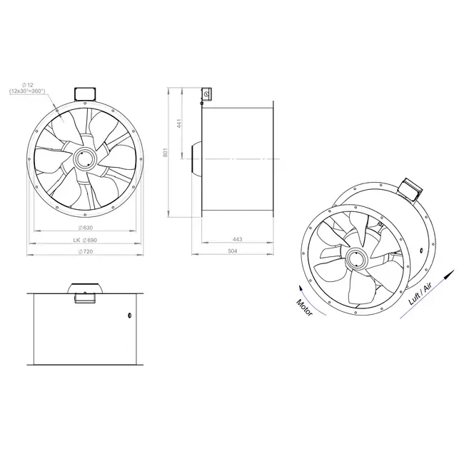 Axiaal 630 mm kanaalventilator rookgas F300- AL 630 D6 F3 02 CFG