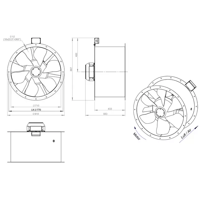 Axiaal 710 mm kanaalventilator rookgas F400 - AL 710 D4 F4 03 CFG