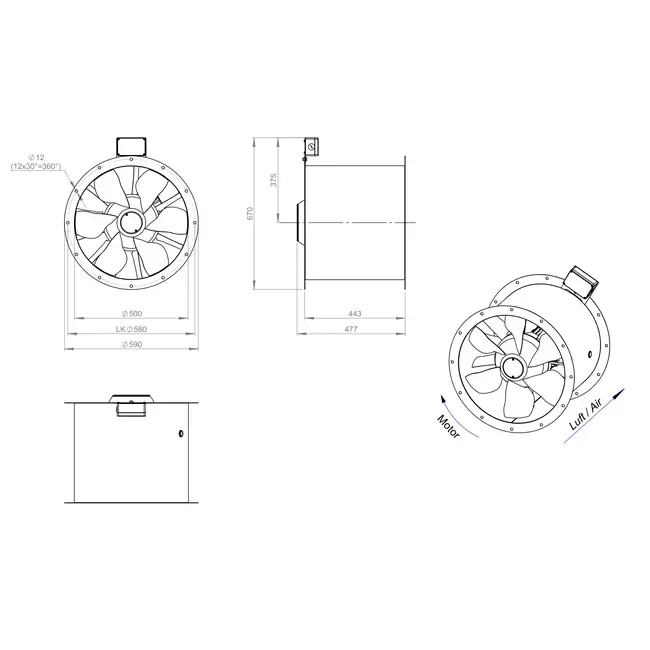 Axiaal 500 mm kanaalventilator rookgas F400 - AL 500 D2 F4 02 CFG
