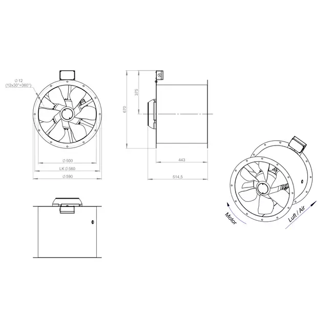 Axiaal 500 mm kanaalventilator rookgas F400 - AL 500 D2 F4 01 CFG