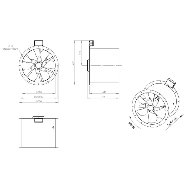 Axiaal 500 mm kanaalventilator rookgas F400 - AL 500 D42U F4 02 CFG